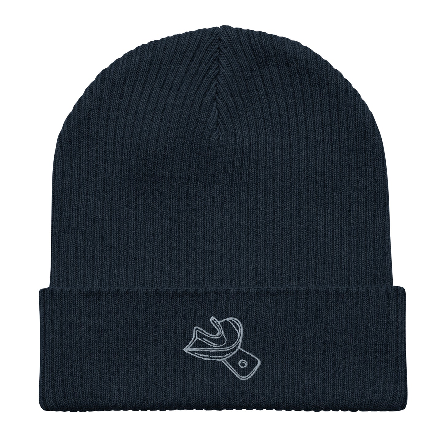 Gerippte Bio-Beanie mit gesticktem Unterkiefer-Abdrucklöffel-Motiv – minimalistisches Dental-Accessoire in Schwarz, Navy und Burgundy