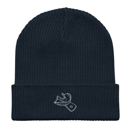 Gerippte Bio-Beanie mit gesticktem Unterkiefer-Abdrucklöffel-Motiv – minimalistisches Dental-Accessoire in Schwarz, Navy und Burgundy