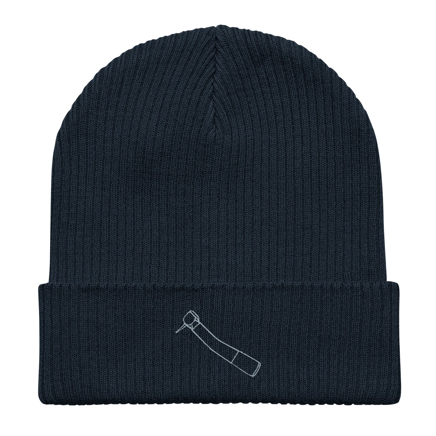 Gerippte Bio-Beanie mit kleinem gesticktem Winkelstück-Motiv in Schwarz, Oxford Navy oder Burgundy – minimalistisches Dental-Accessoire im cleanen Streetwear-Look