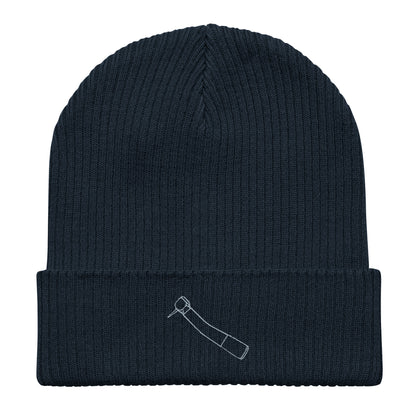 Gerippte Bio-Beanie mit kleinem gesticktem Winkelstück-Motiv in Schwarz, Oxford Navy oder Burgundy – minimalistisches Dental-Accessoire im cleanen Streetwear-Look
