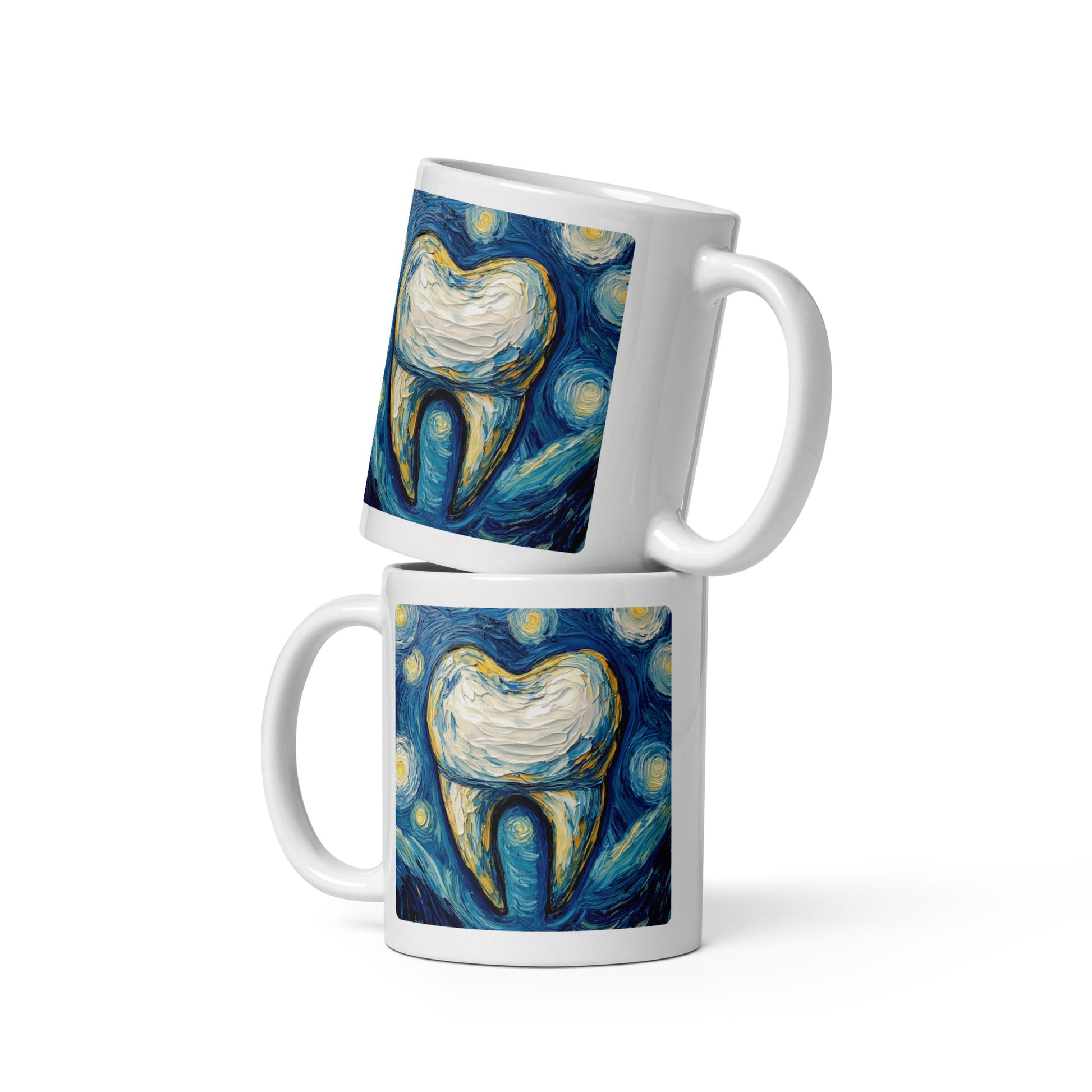 Tasse mit künstlerischem Zahnmotiv im Stil von Van Goghs Sternennacht – ideal für Zahnärzte und Kunstliebhaber