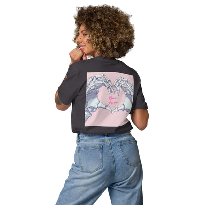 Unisex-T-Shirt mit Herz und auf der Rückseite Skelett-Handmotiv und Schriftzug 'Bone Amour' – perfekt für angehende Orthopäden und Mediziner
