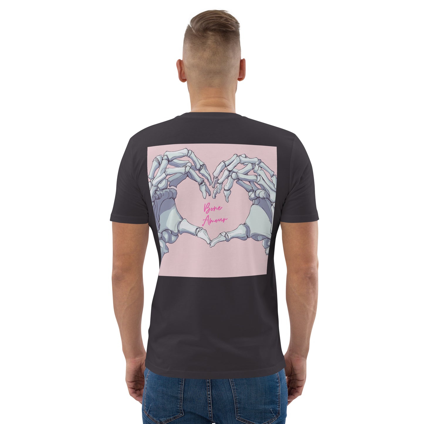 Unisex-T-Shirt mit Hez und auf der Rückseite Skelett-Handmotiv und Schriftzug 'Bone Amour' – perfekt für angehende Orthopäden und Mediziner