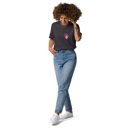 Unisex-T-Shirt mit Herz und auf der Rückseite Skelett-Handmotiv und Schriftzug 'Bone Amour' – perfekt für angehende Orthopäden und Mediziner