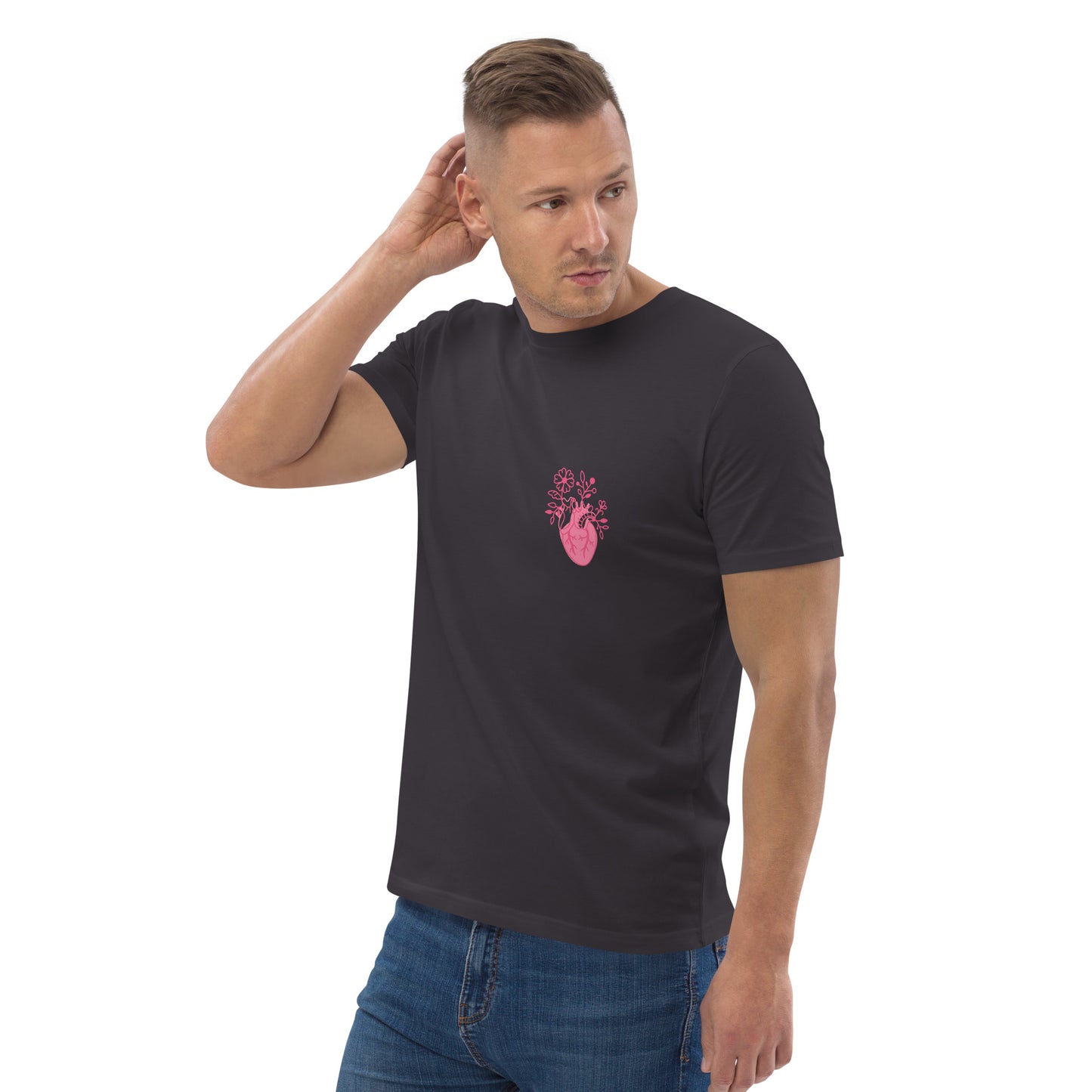 Unisex-T-Shirt mit Hez und auf der Rückseite Skelett-Handmotiv und Schriftzug 'Bone Amour' – perfekt für angehende Orthopäden und Mediziner
