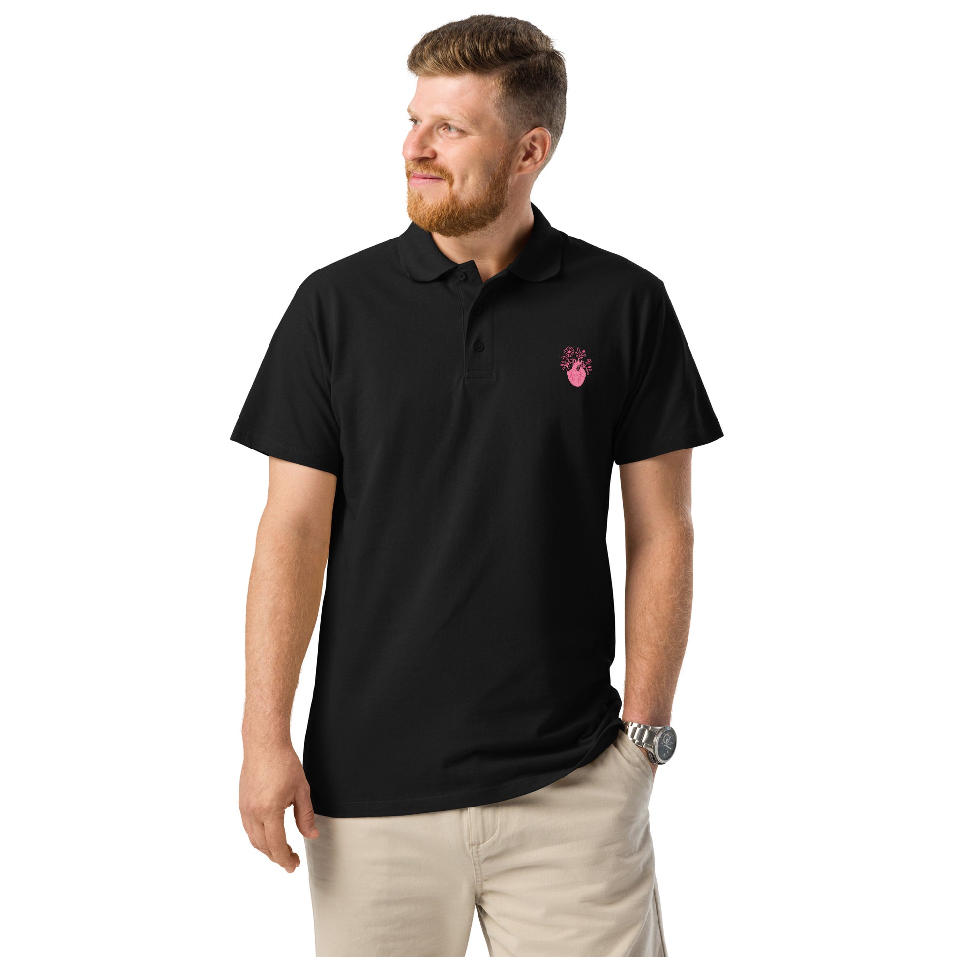 Unisex-Polo-Shirt mit Hez und auf der Rückseite Skelett-Handmotiv und Schriftzug 'Bone Amour' – perfekt für angehende Orthopäden und Mediziner