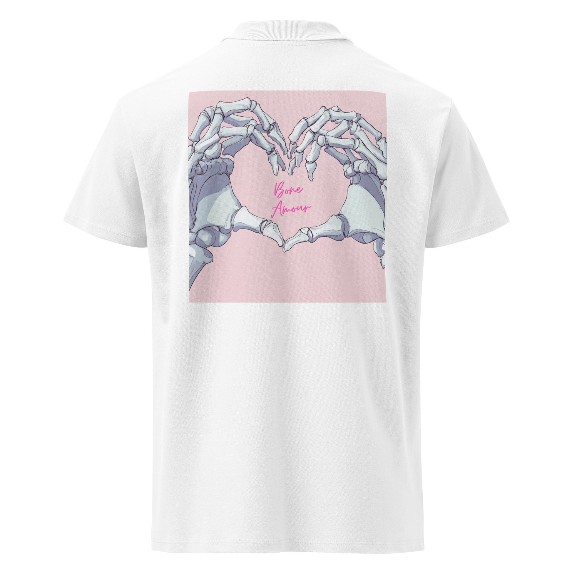 Unisex-Polo-Shirt mit Hez und auf der Rückseite Skelett-Handmotiv und Schriftzug 'Bone Amour' – perfekt für angehende Orthopäden und Mediziner