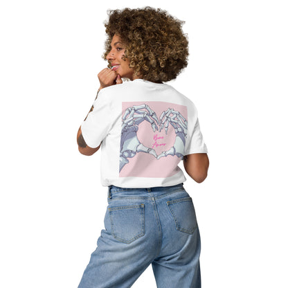 Unisex-T-Shirt mit Herz und auf der Rückseite Skelett-Handmotiv und Schriftzug 'Bone Amour' – perfekt für angehende Orthopäden und Mediziner