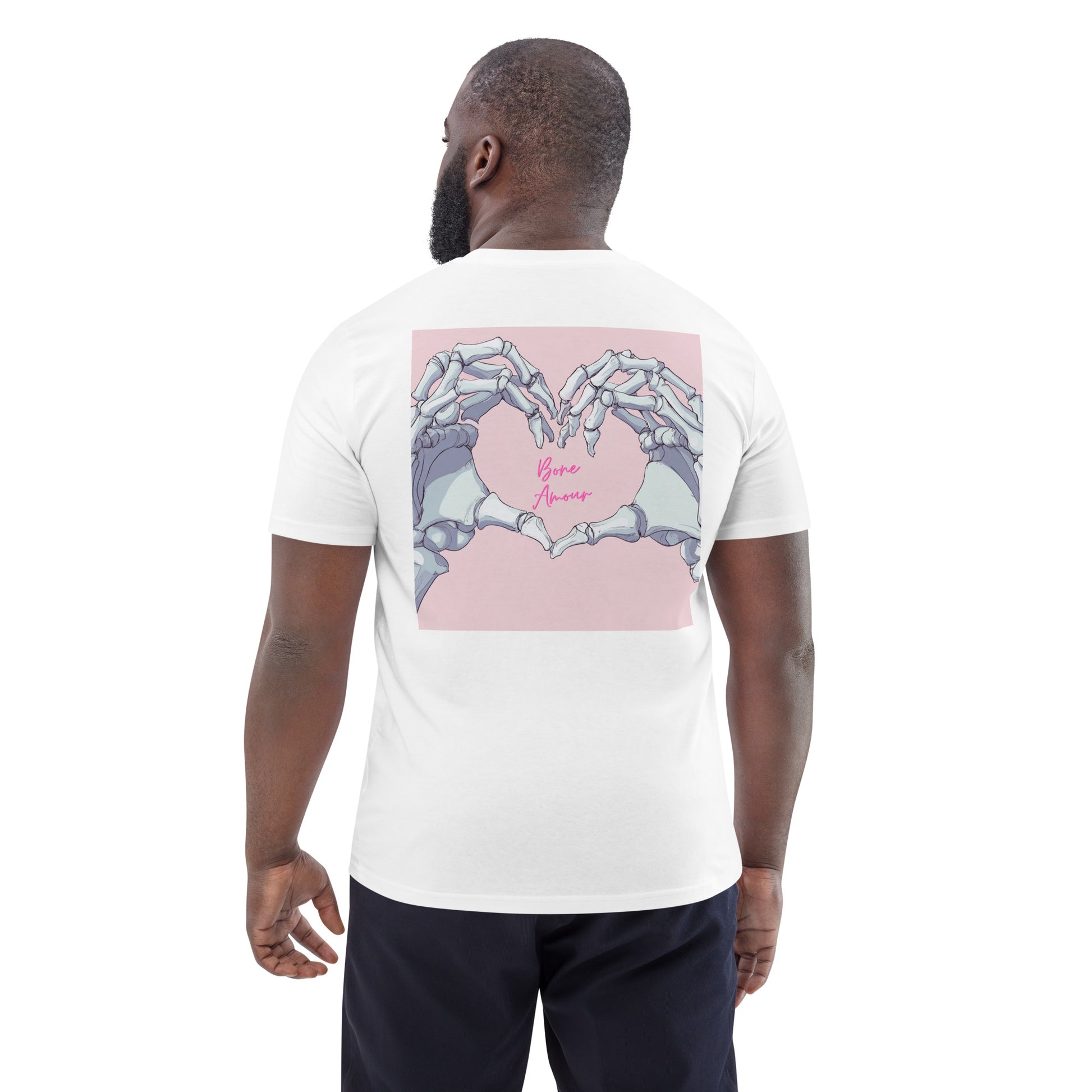 Unisex-T-Shirt mit Hez und auf der Rückseite Skelett-Handmotiv und Schriftzug 'Bone Amour' – perfekt für angehende Orthopäden und Mediziner