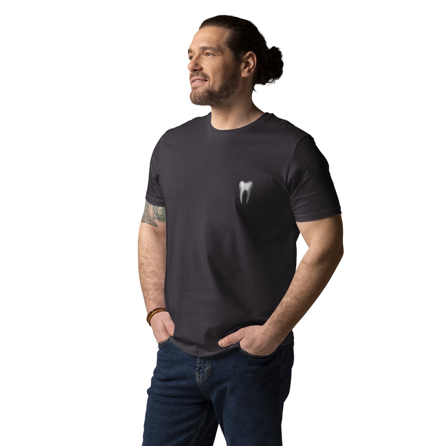 Unisex-T-Shirt aus Bio-Baumwolle mit kleinem Zahn-Logo auf der Vorderseite – ideal für Zahnmediziner