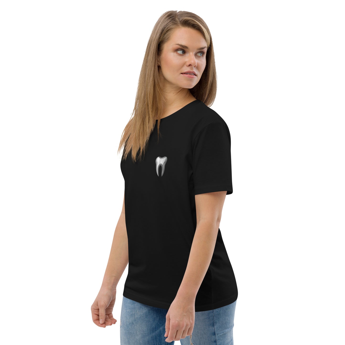 Unisex-T-Shirt aus Bio-Baumwolle mit kleinem Zahn-Logo auf der Vorderseite – ideal für Zahnmediziner