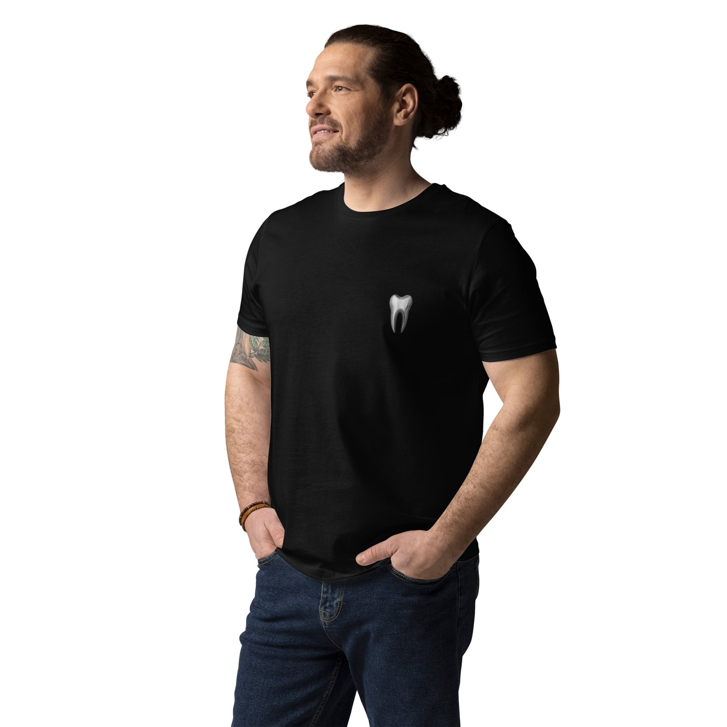 Unisex-T-Shirt aus Bio-Baumwolle mit kleinem Zahn-Logo auf der Vorderseite – ideal für Zahnmediziner