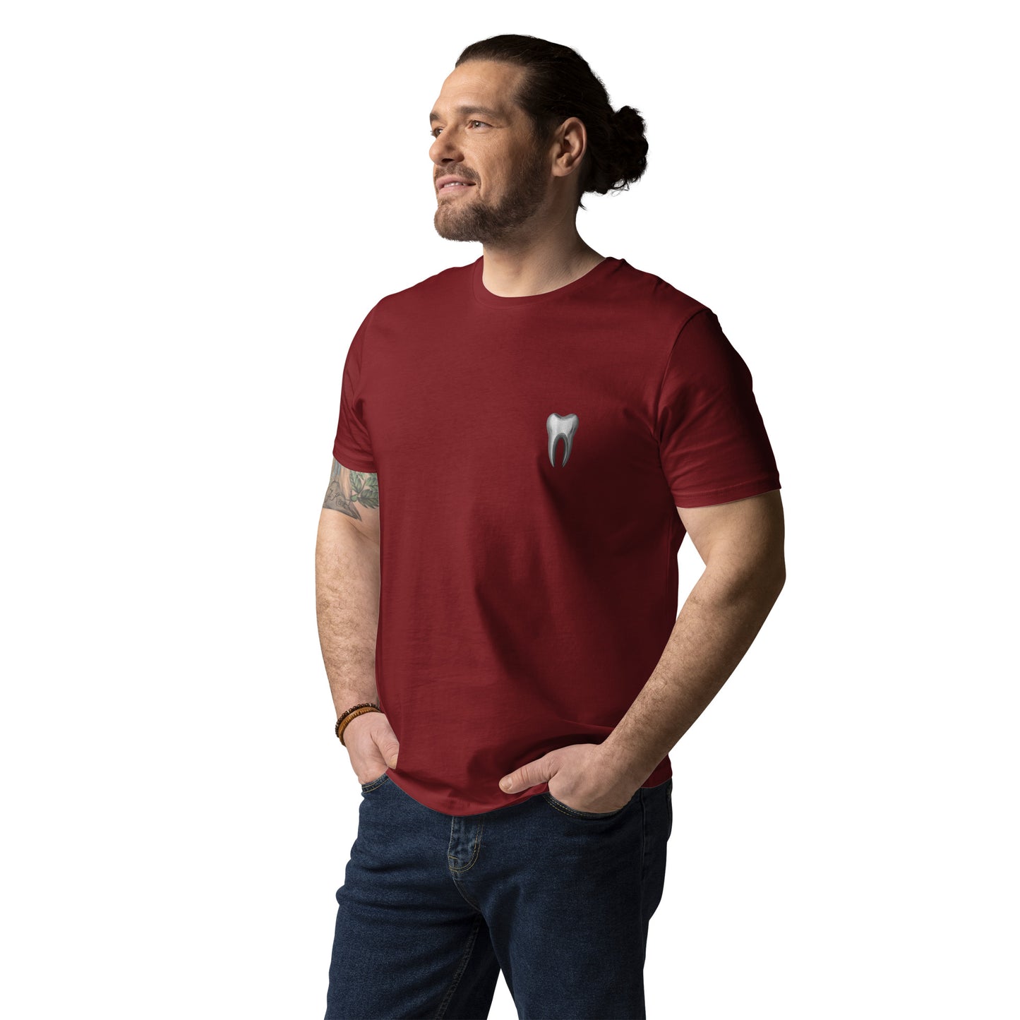 Unisex-T-Shirt aus Bio-Baumwolle mit kleinem Zahn-Logo auf der Vorderseite – ideal für Zahnmediziner