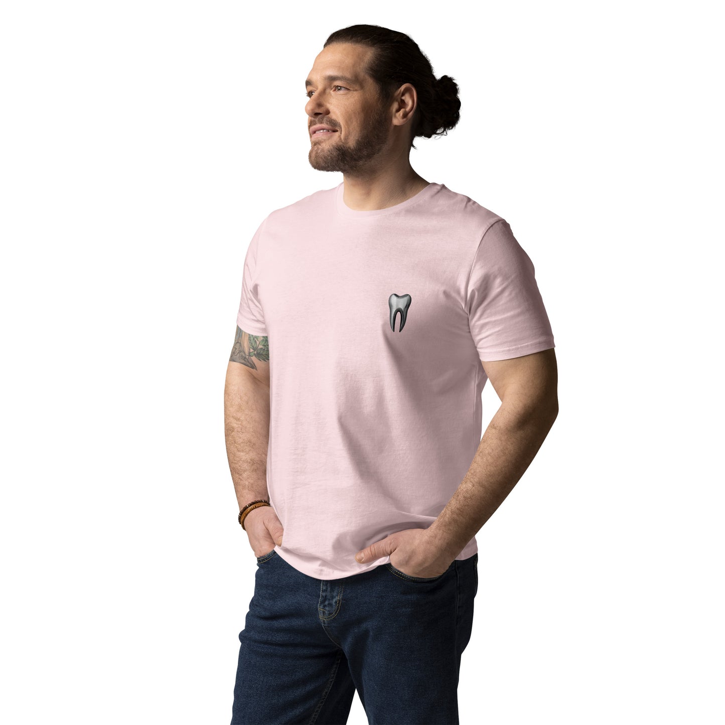 Unisex-T-Shirt aus Bio-Baumwolle mit kleinem Zahn-Logo auf der Vorderseite – ideal für Zahnmediziner