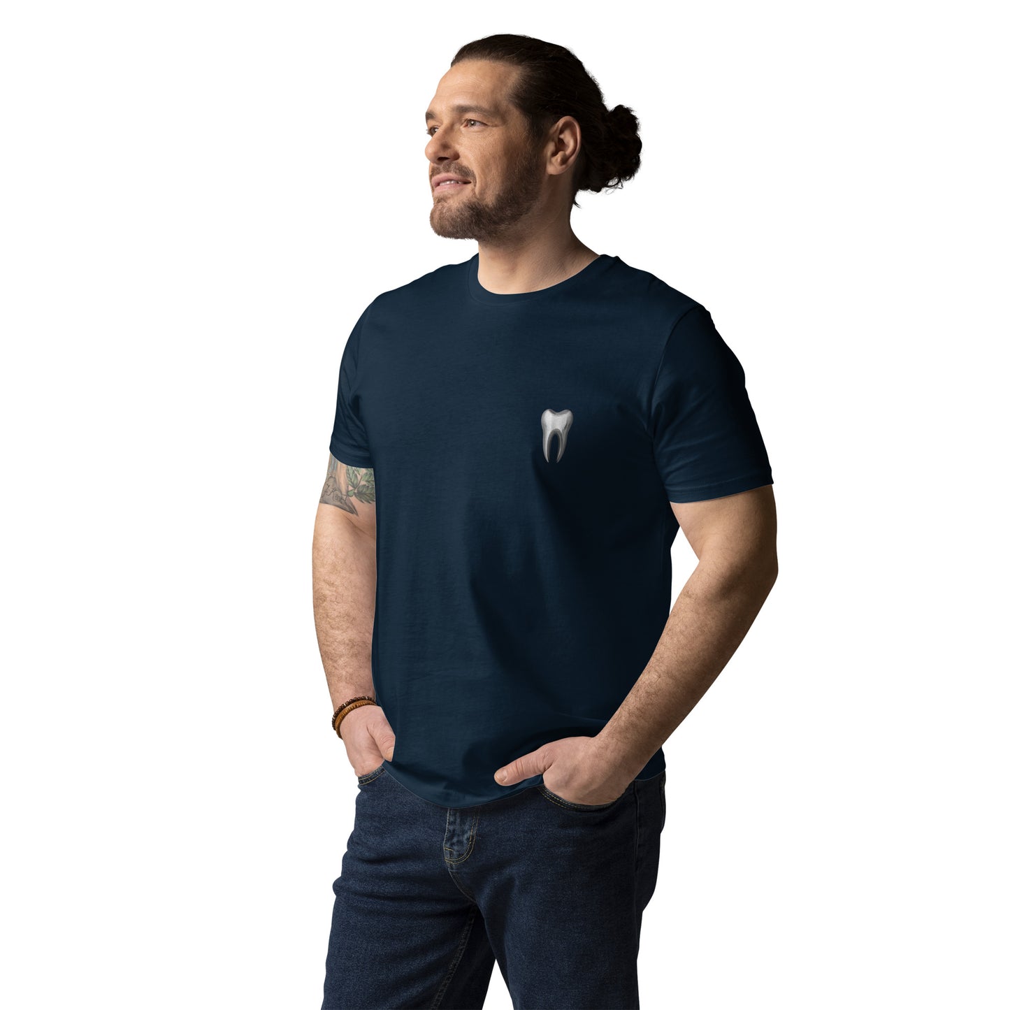 Unisex-T-Shirt aus Bio-Baumwolle mit kleinem Zahn-Logo auf der Vorderseite – ideal für Zahnmediziner