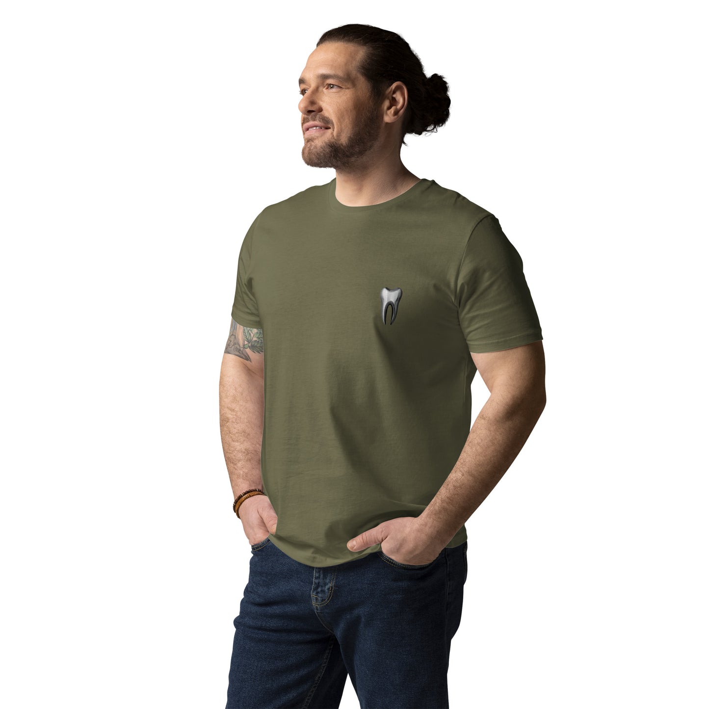 Unisex-T-Shirt aus Bio-Baumwolle mit kleinem Zahn-Logo auf der Vorderseite – ideal für Zahnmediziner