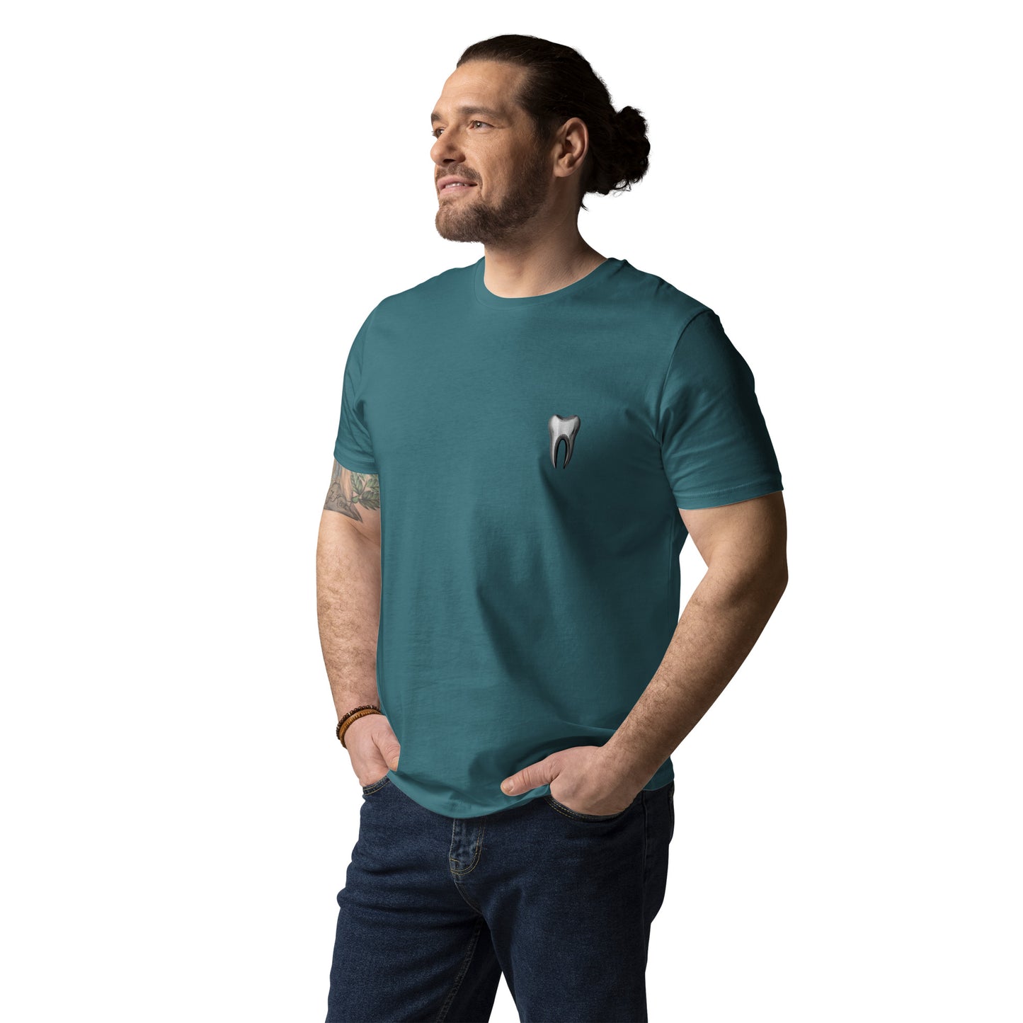 Unisex-T-Shirt aus Bio-Baumwolle mit kleinem Zahn-Logo auf der Vorderseite – ideal für Zahnmediziner