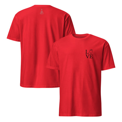 Rotes Unisex-T-Shirt mit minimalistischem LOVE-Design und MeDenSci-Logo auf dem Rücken