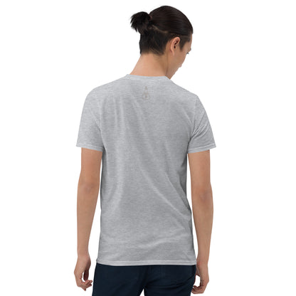 Graues Unisex-T-Shirt mit minimalistischem LOVE-Design und MeDenSci-Logo auf dem Rücken