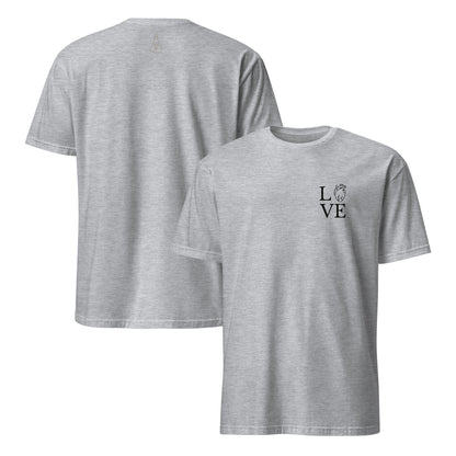 Graues Unisex-T-Shirt mit minimalistischem LOVE-Design und MeDenSci-Logo auf dem Rücken