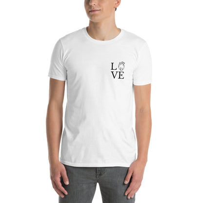 Weißes Unisex-T-Shirt mit minimalistischem LOVE-Design und MeDenSci-Logo auf dem Rücken