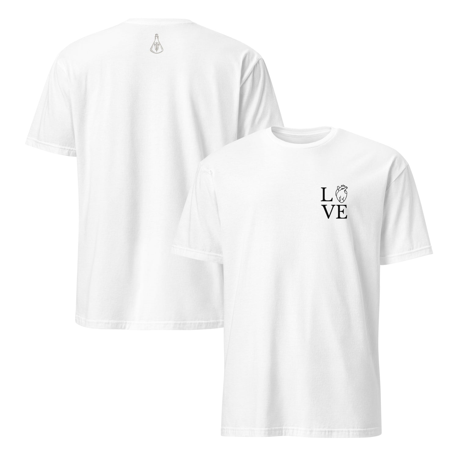 Weißes Unisex-T-Shirt mit minimalistischem LOVE-Design und MeDenSci-Logo auf dem Rücken