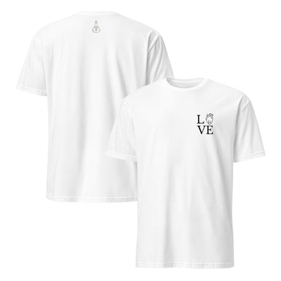 Weißes Unisex-T-Shirt mit minimalistischem LOVE-Design und MeDenSci-Logo auf dem Rücken