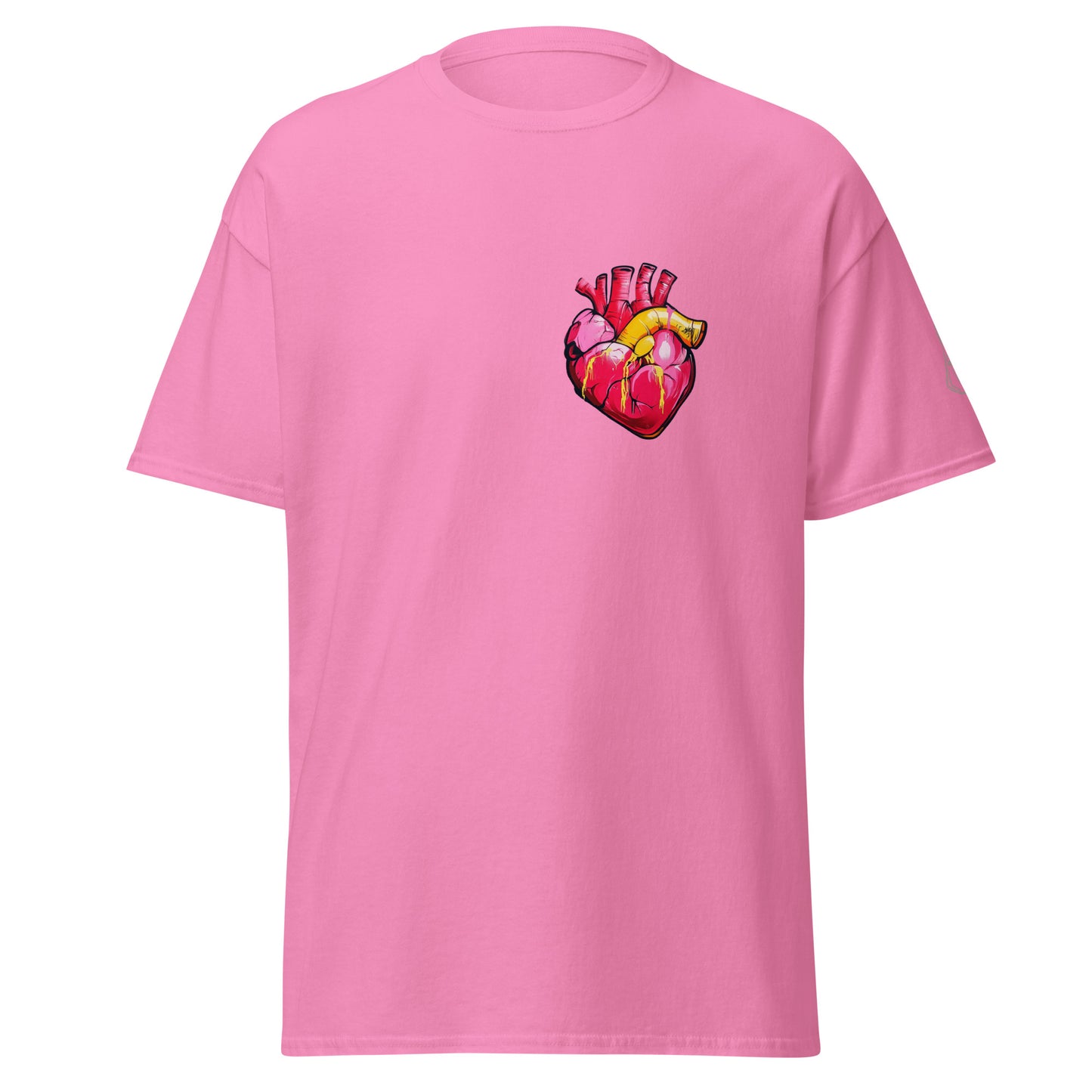 Azalea Unisex-T-Shirt mit anatomischem Herz im Pop-Art-Stil und MeDensci-Logo am Ärmel