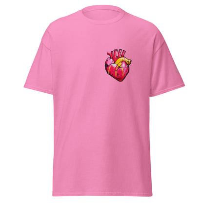 Azalea Unisex-T-Shirt mit anatomischem Herz im Pop-Art-Stil und MeDensci-Logo am Ärmel