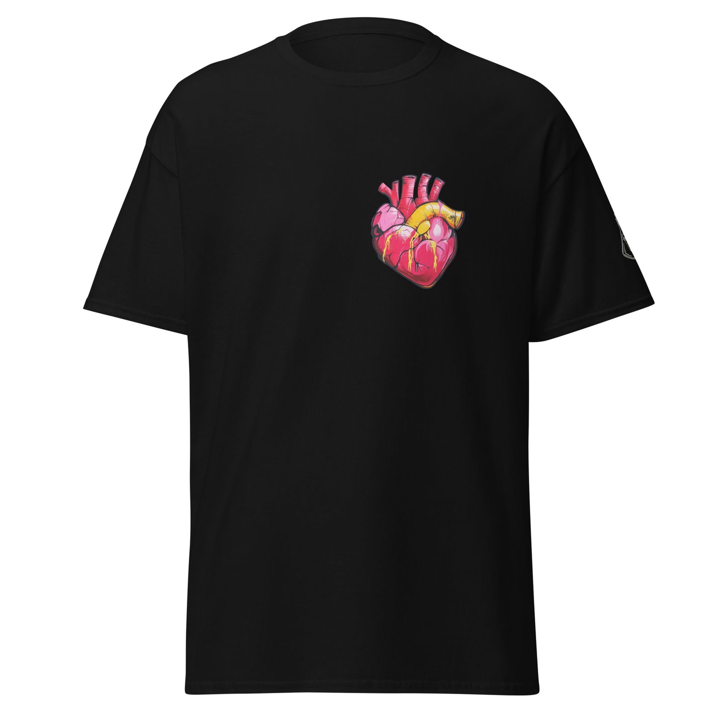 Schwarzes Unisex-T-Shirt mit anatomischem Herz im Pop-Art-Stil und MeDensci-Logo am Ärmel