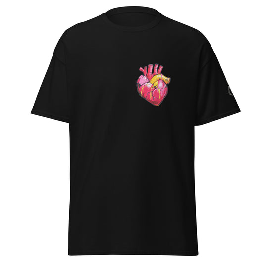 Schwarzes Unisex-T-Shirt mit anatomischem Herz im Pop-Art-Stil und MeDensci-Logo am Ärmel