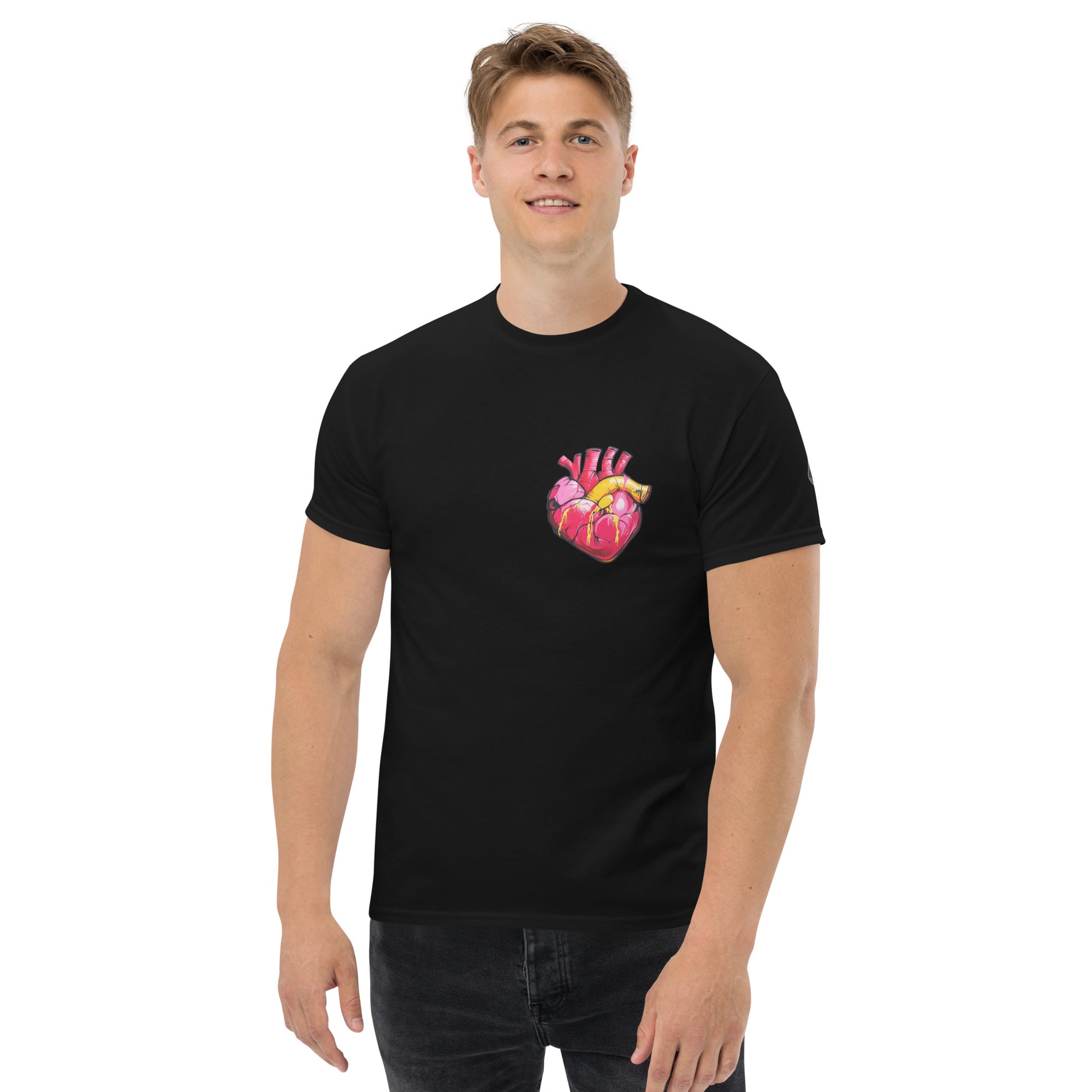 Schwarzes Unisex-T-Shirt mit anatomischem Herz im Pop-Art-Stil und MeDensci-Logo am Ärmel