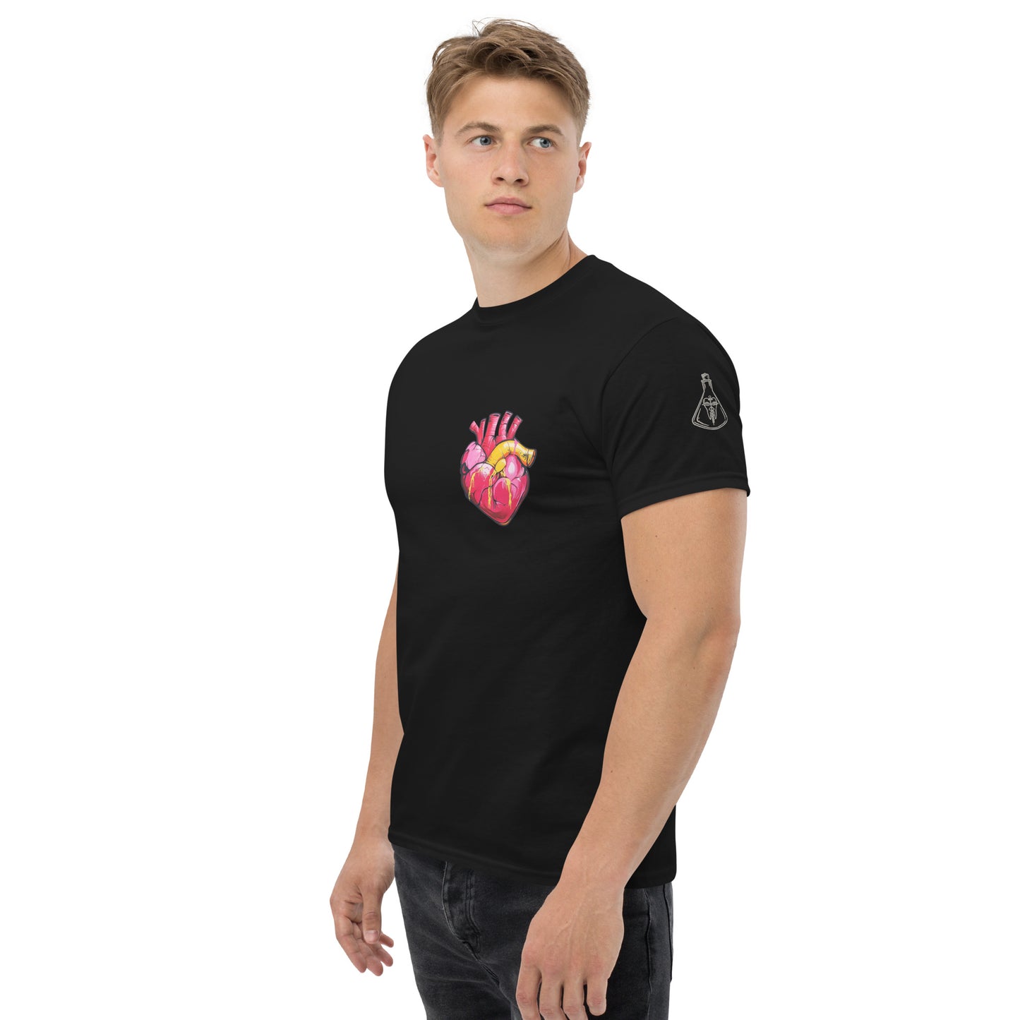 Schwarzes Unisex-T-Shirt mit anatomischem Herz im Pop-Art-Stil und MeDensci-Logo am Ärmel