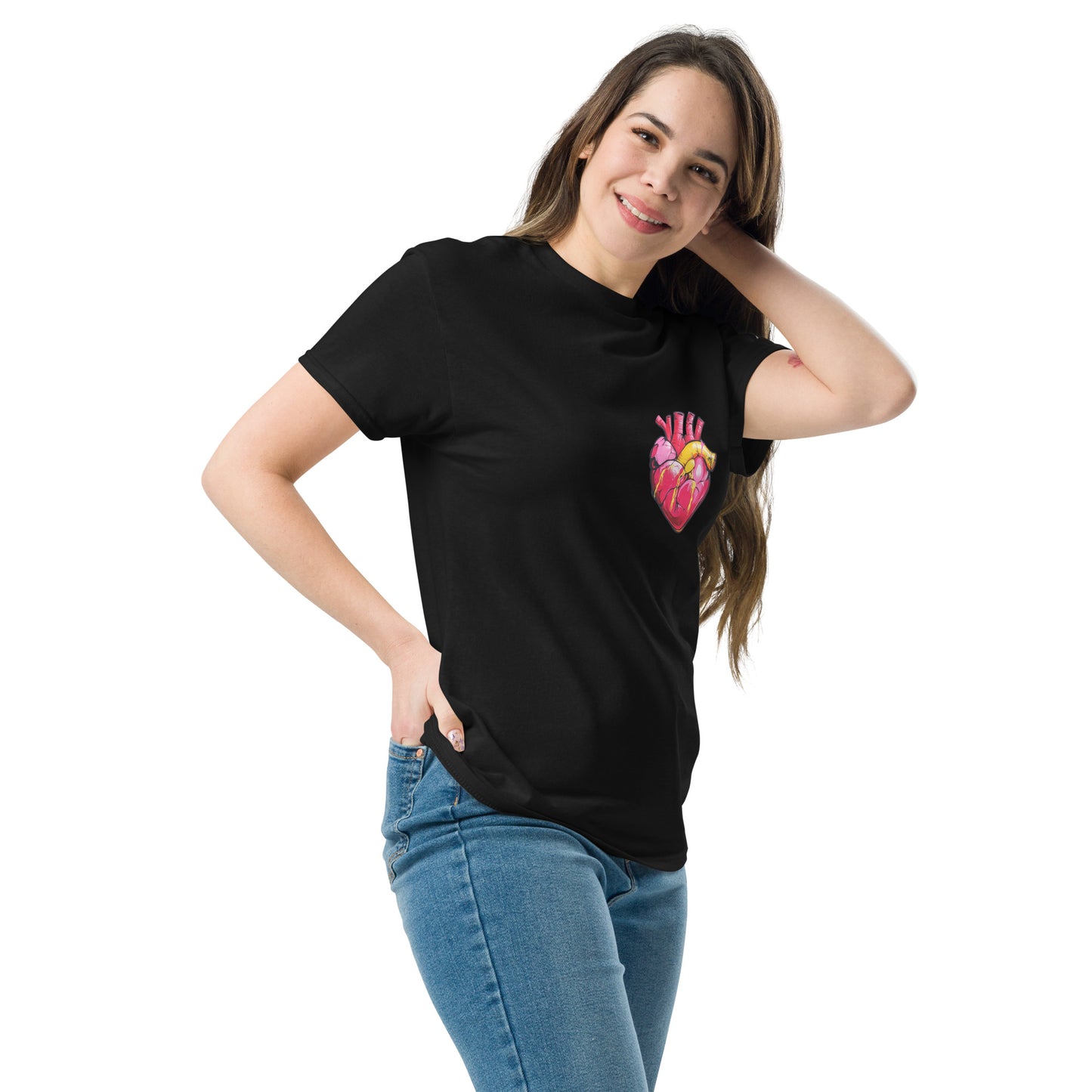 Schwarzes Unisex-T-Shirt mit anatomischem Herz im Pop-Art-Stil und MeDensci-Logo am Ärmel