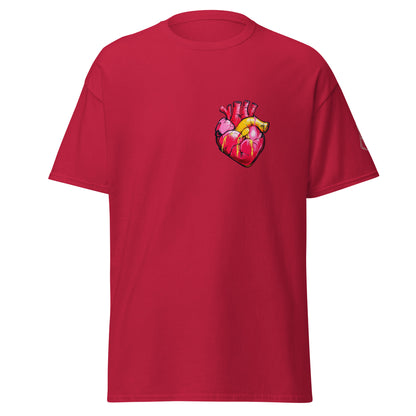 Cardinal Unisex-T-Shirt mit anatomischem Herz im Pop-Art-Stil und MeDensci-Logo am Ärmel