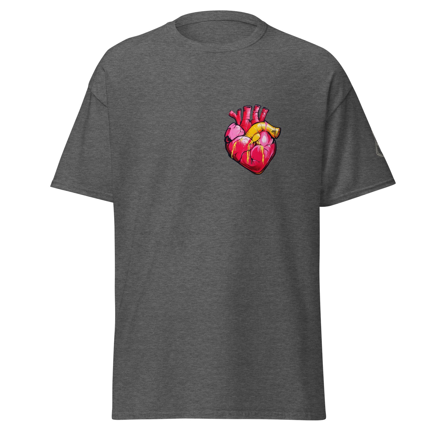 Dark Heather Unisex-T-Shirt mit anatomischem Herz im Pop-Art-Stil und MeDensci-Logo am Ärmel