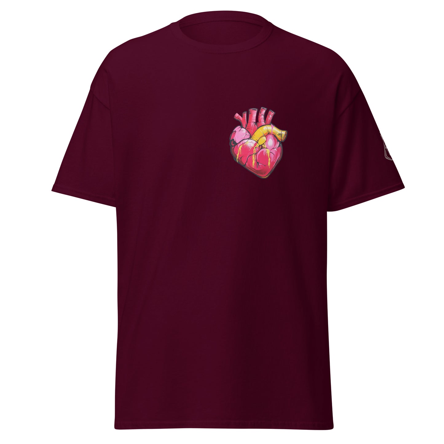 Kastanienbraunes Unisex-T-Shirt mit anatomischem Herz im Pop-Art-Stil und MeDensci-Logo am Ärmel