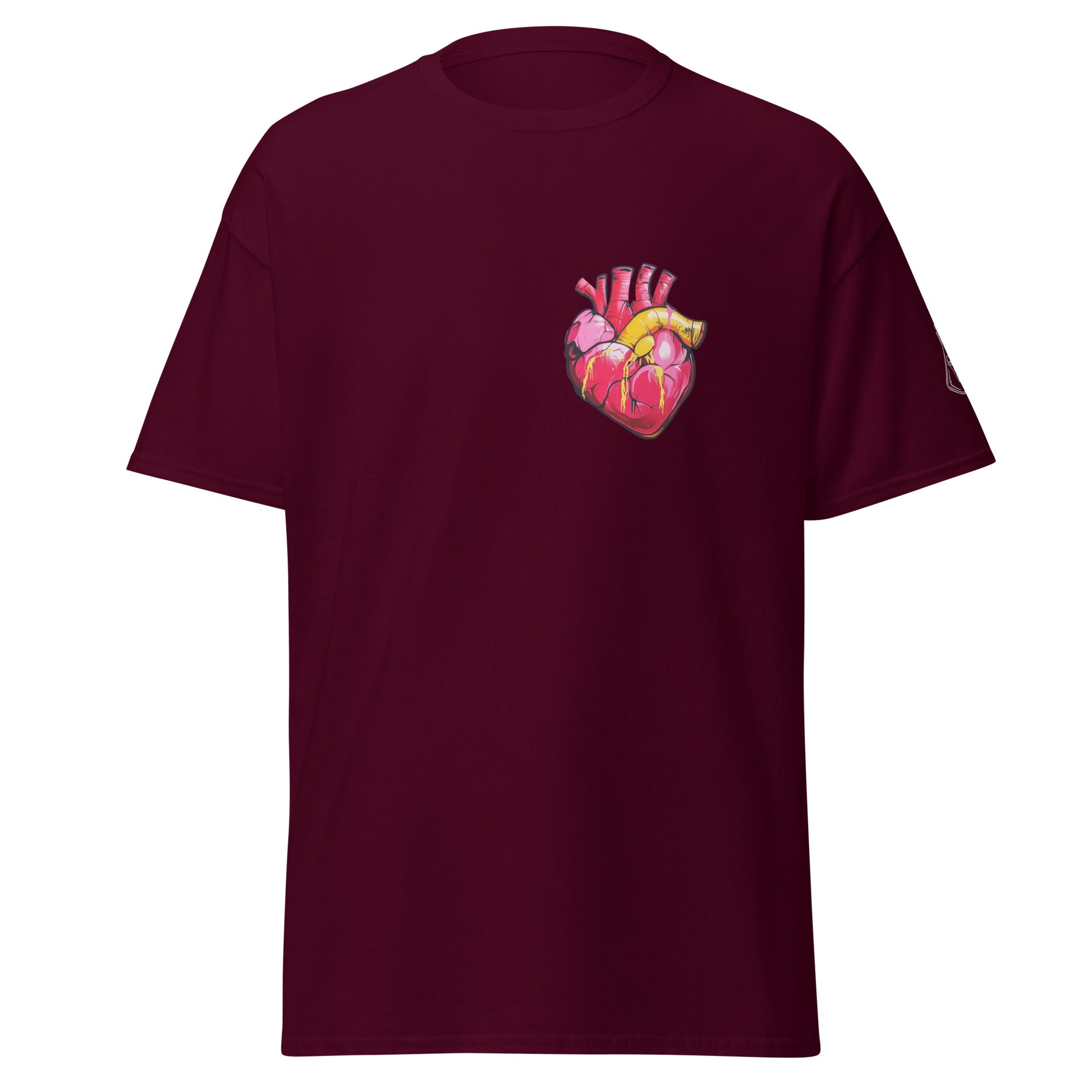 Kastanienbraunes Unisex-T-Shirt mit anatomischem Herz im Pop-Art-Stil und MeDensci-Logo am Ärmel