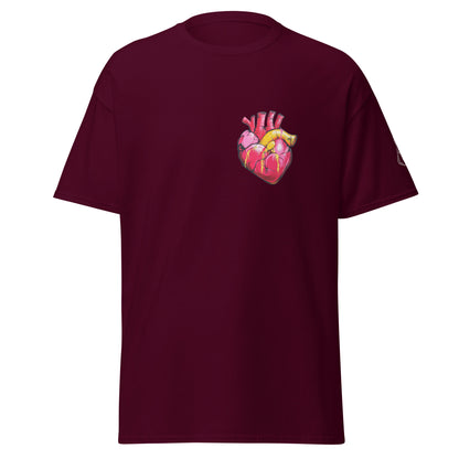 Kastanienbraunes Unisex-T-Shirt mit anatomischem Herz im Pop-Art-Stil und MeDensci-Logo am Ärmel