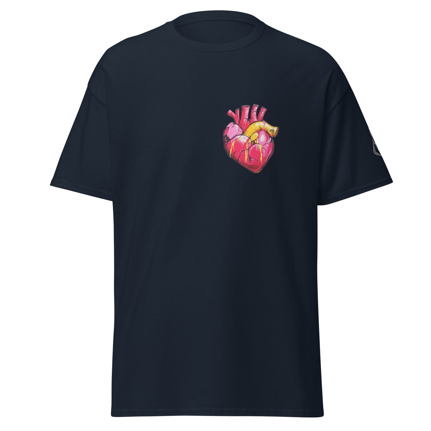 Navy Unisex-T-Shirt mit anatomischem Herz im Pop-Art-Stil und MeDensci-Logo am Ärmel