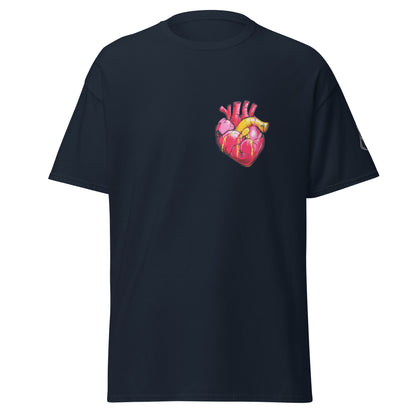 Navy Unisex-T-Shirt mit anatomischem Herz im Pop-Art-Stil und MeDensci-Logo am Ärmel