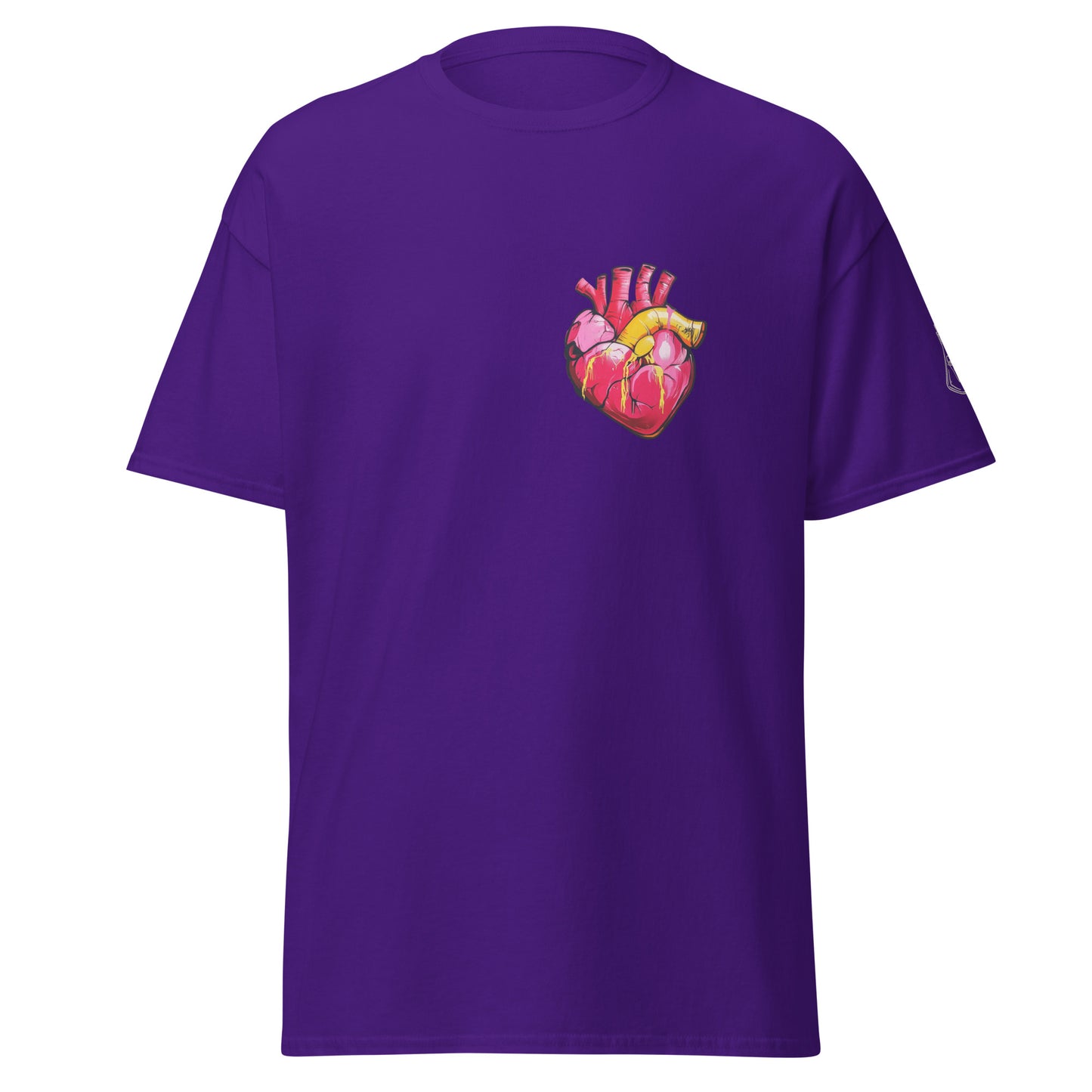 Purple Unisex-T-Shirt mit anatomischem Herz im Pop-Art-Stil und MeDensci-Logo am Ärmel