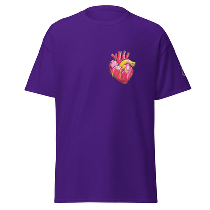 Purple Unisex-T-Shirt mit anatomischem Herz im Pop-Art-Stil und MeDensci-Logo am Ärmel