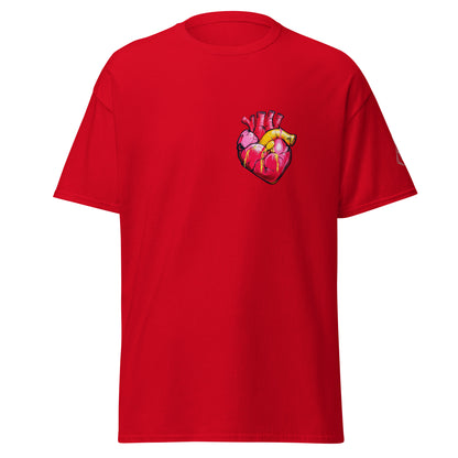 Rotes Unisex-T-Shirt mit anatomischem Herz im Pop-Art-Stil und MeDensci-Logo am Ärmel