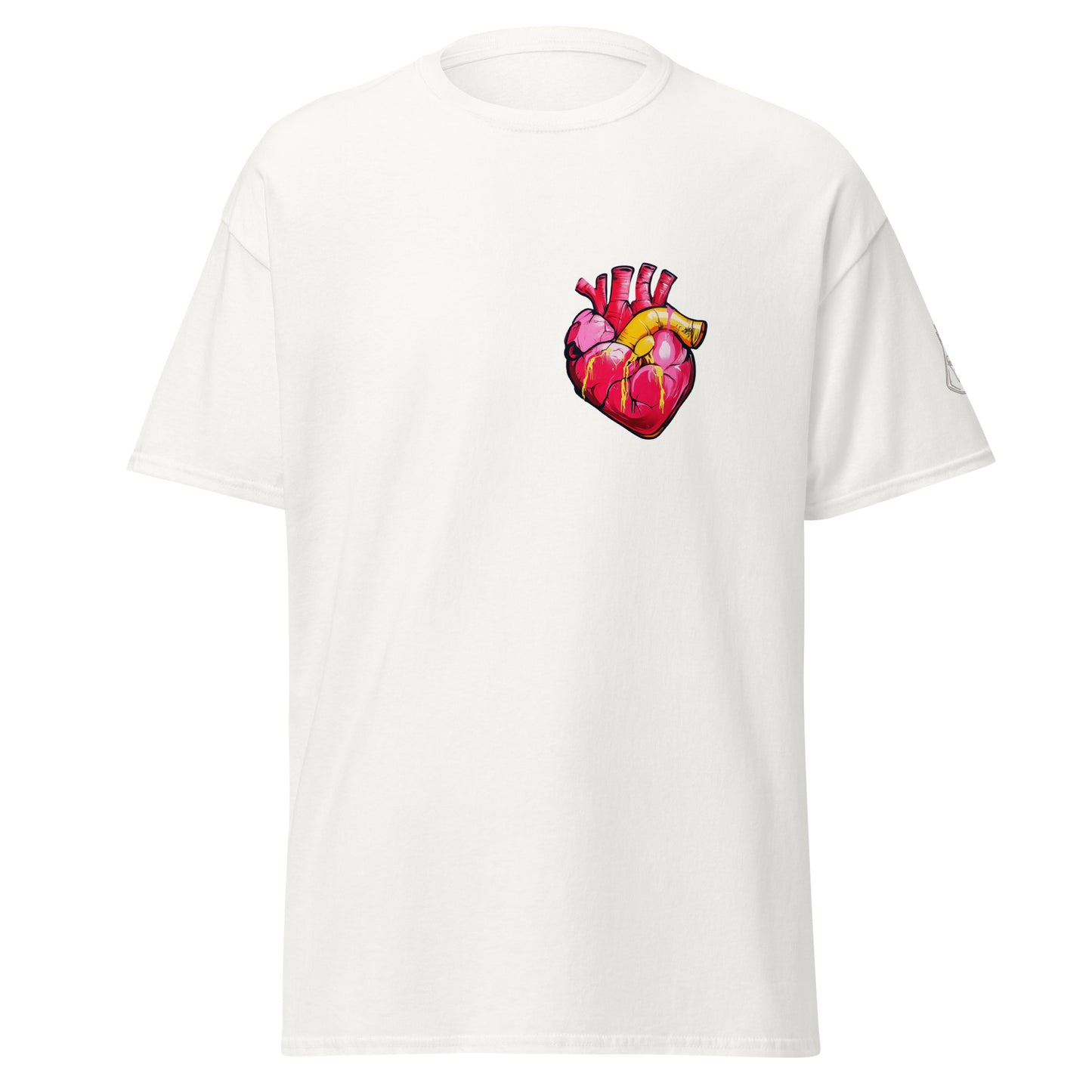 Weißes Unisex-T-Shirt mit anatomischem Herz im Pop-Art-Stil und MeDensci-Logo am Ärmel