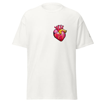 Weißes Unisex-T-Shirt mit anatomischem Herz im Pop-Art-Stil und MeDensci-Logo am Ärmel