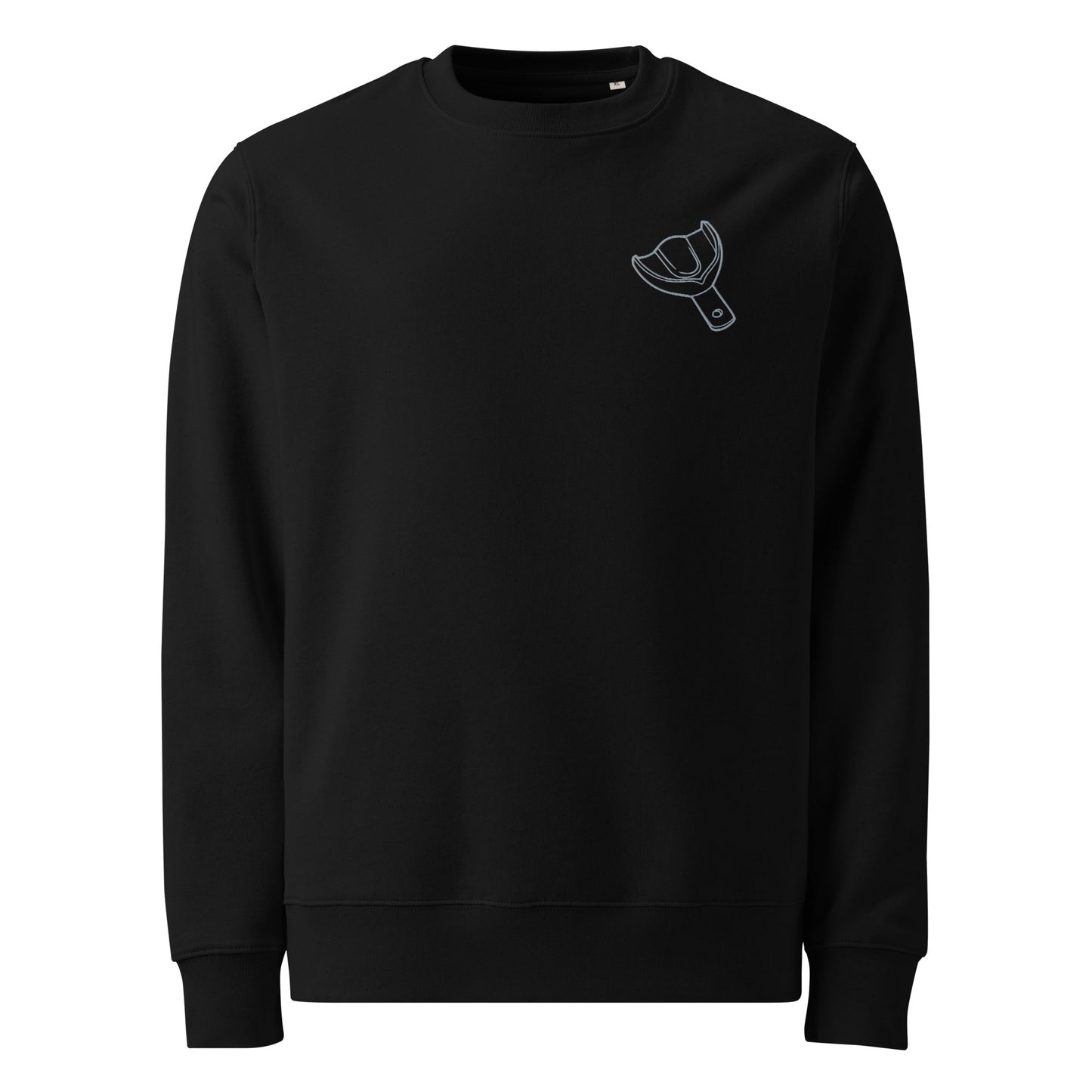 Minimalistischer Unisex Bio-Pullover mit kleinem gesticktem Oberkiefer-Abdrucklöffel-Motiv auf der Brust – cleaner Dental-Sweater in Schwarz oder Weiß