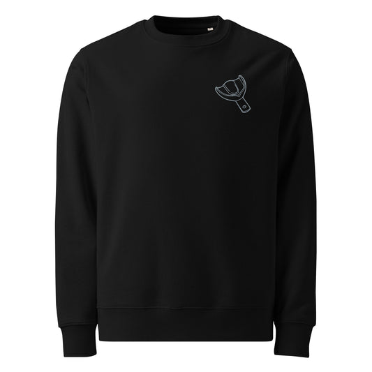 Minimalistischer Unisex Bio-Pullover mit kleinem gesticktem Oberkiefer-Abdrucklöffel-Motiv auf der Brust – cleaner Dental-Sweater in Schwarz oder Weiß