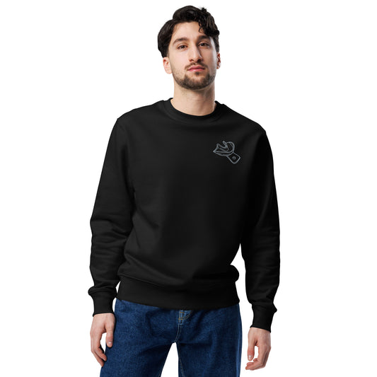 Minimalistischer Unisex-Bio-Pullover mit gesticktem Unterkiefer-Abdrucklöffel-Motiv auf der Brust – cleaner Dental-Streetwear-Look in Schwarz und Weiß