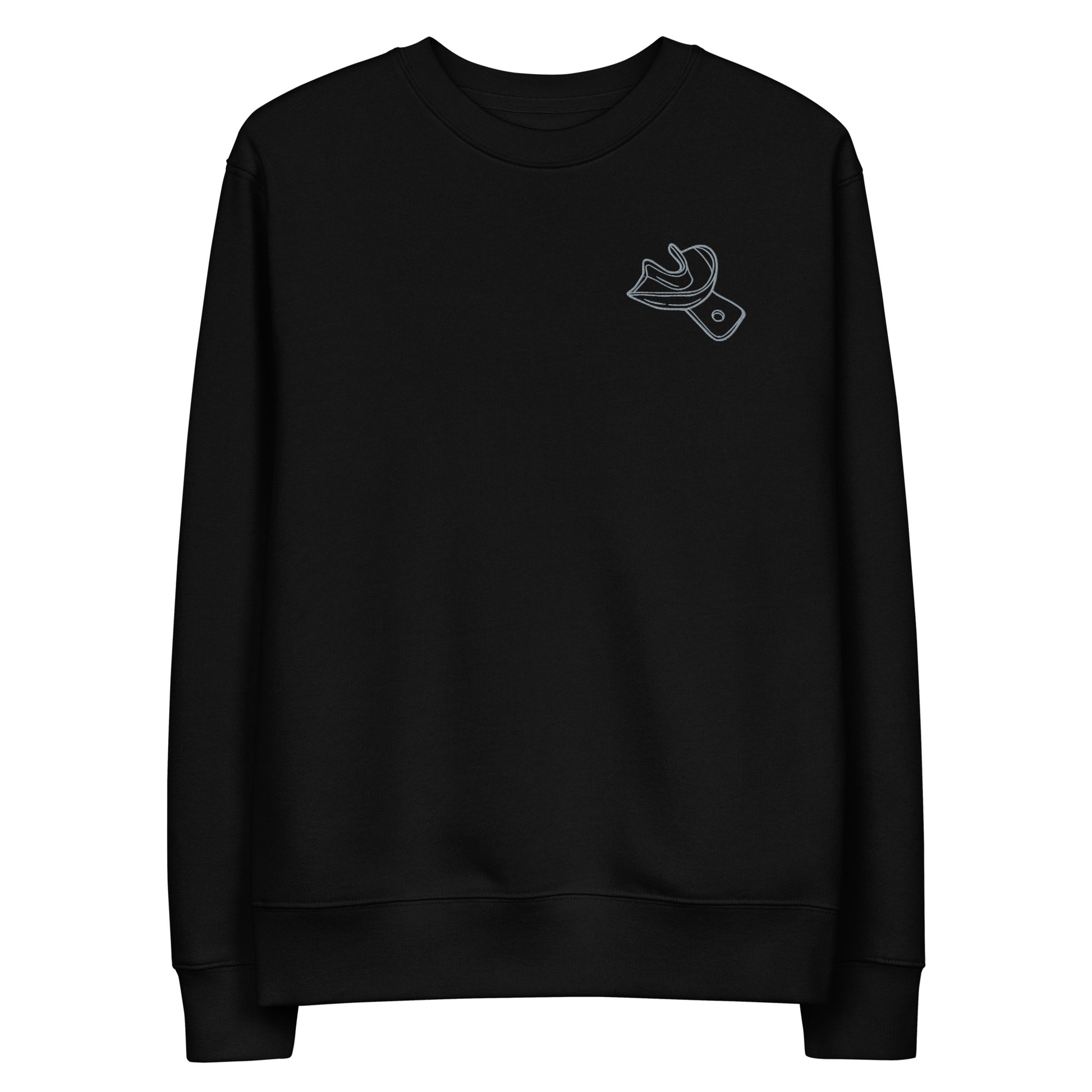 Minimalistischer Unisex-Bio-Pullover mit gesticktem Unterkiefer-Abdrucklöffel-Motiv auf der Brust – cleaner Dental-Streetwear-Look in Schwarz und Weiß